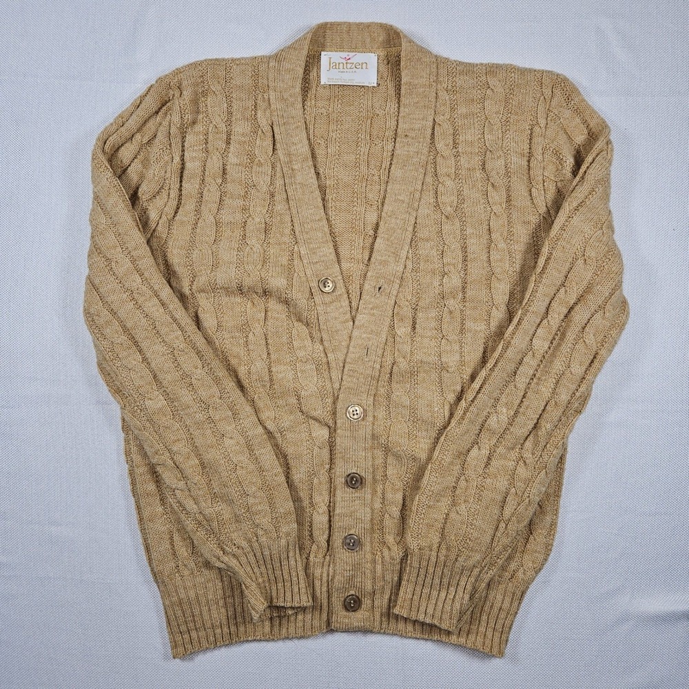 Vintage Jantzen Mens Tan Cable Knit V Neck Button Front Cardigan Sweater Size M